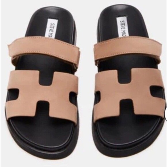 Steve Madden Mayven Tan Black Brown Nubuck Leather Sandals Womens Size 10 - Picture 1 of 8